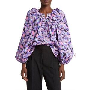 NACKIYÉ 100% Cotton Purple Floral Blouse Mediterranean Long Puff Sleeve Large 40
